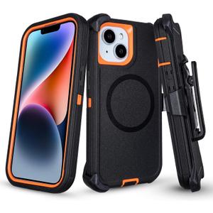 Defender for iPhone 14 Case with Belt Clip Holster, [Compatible with MagSafe] Heavy Duty Rugged Shockproof Anti-Drop Full Body Protective Case for iPhone 14 6.1 Inch (Black+Orange)