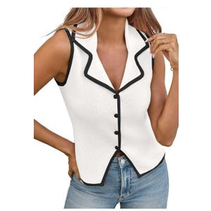 Saodimallsu Womens Sleeveless Sweater Vest Button Color Block Sexy V Neck Collared Summer Knit Tank Tops Size S