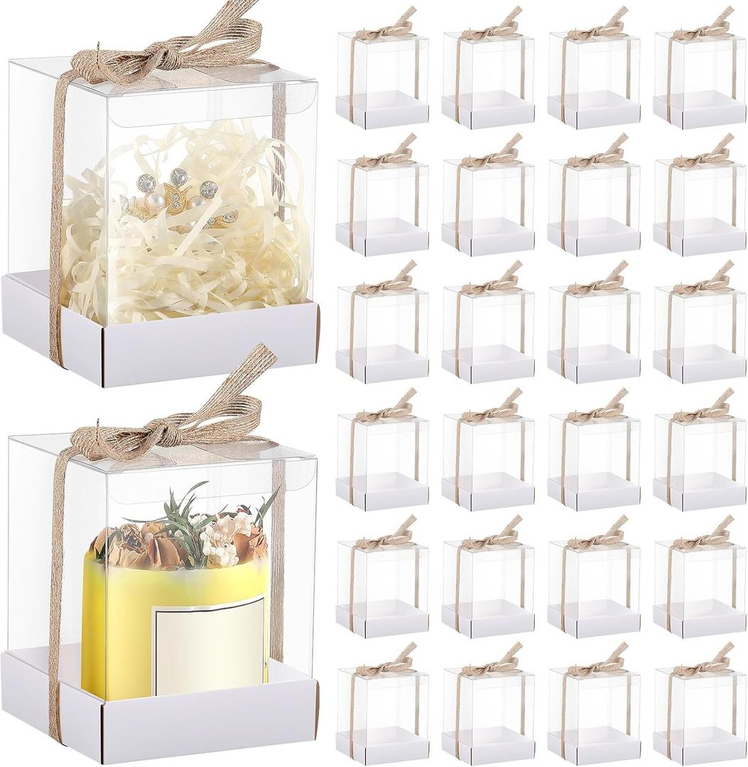24 Sets 3.5 x 3.5 x 4.3 in Candle Gift Package Valentine's Transparent Box 4-18 oz Handmade Tealight Candle Holder Paper Bottom Ribbon for Wedding Baby Shower Party Mug (White)