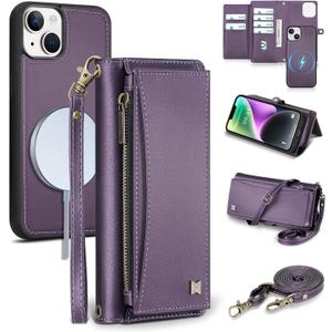 Wallet Case for iPhone 14 with Card Holder/Crossbody Wallet/Strap| RFID Blocking | Magnetic | Kickstand | Detachable | PU Leather Phone Case for iPhone 14,6.1 in,Purple