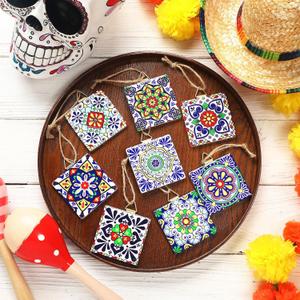 Soulchen 16 Pcs Talavera Mexican Tile Christmas Ornaments Bulk Adornos De Navidad Funny Hanging Christmas Tree Ceramic Colorful Decor Indoor for Xmas Tree Decoration Mexican Gift