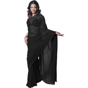 Women's Bollywood Chiffon Plain Sari Festival Uniform Saree Wrap Fabric (Black, XL)
