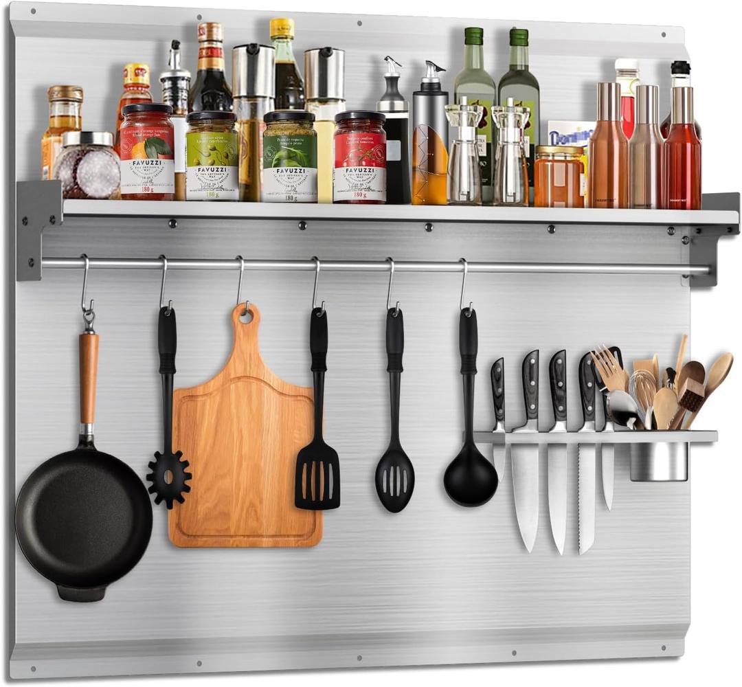 36"x24" Stove Backsplash, Stainless Steel Range Backsplash with Storage Shelf & Hooks - Easy Install Kitchen Splash Guard Wall Panel