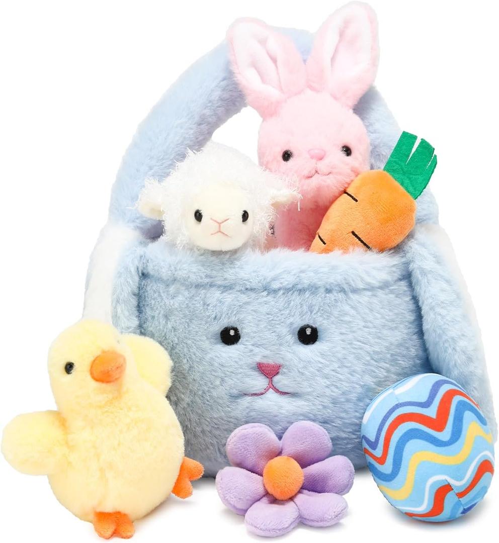 Vposyako 7 Piece Easter Basket Eggs Playset Stuffed Rabbit Chick Lamb Toy Set for Kids Girls Boys Ages 3+ Easter Bunny Basket Plush Sensory Toys Soft Plush Toy for Easter Party Favors