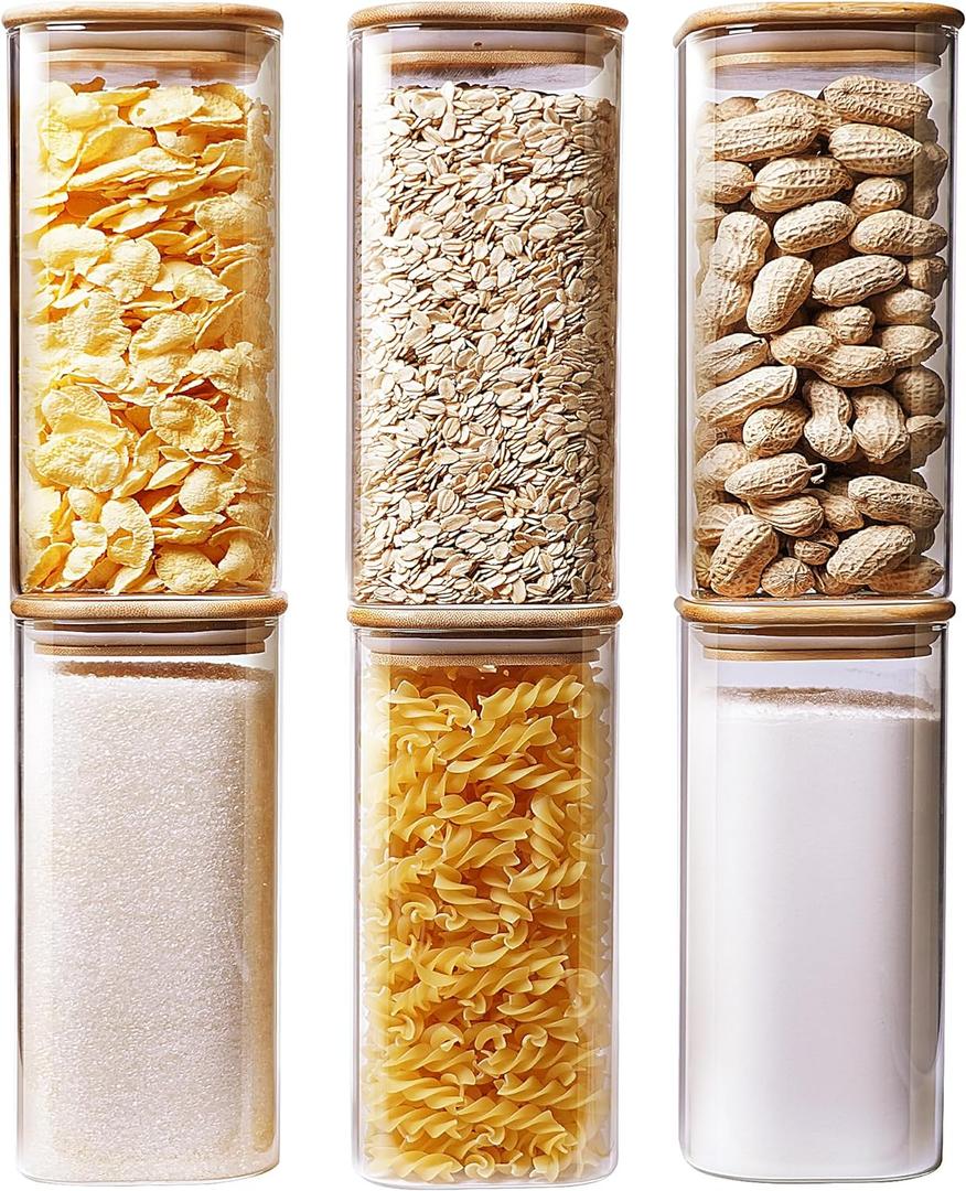 Square Glass Jars with Bamboo Lids 34 FL OZ [Set of 6], Glass Canisters with Airtight Lid, Glass Food Storage Container for Pasta, Flour, Sugar, Rice, Best for Kitchen & Pantry