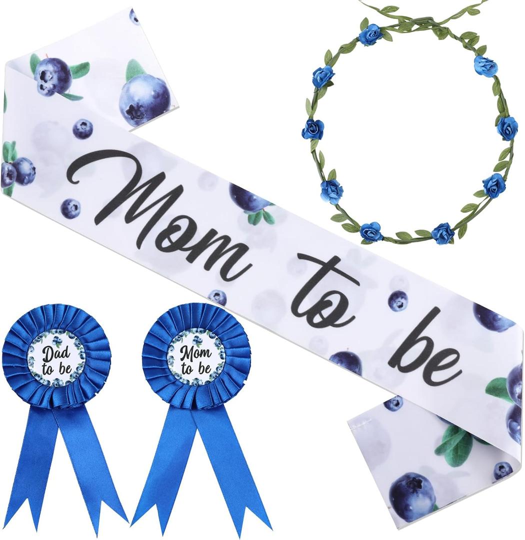 Serencatcher Blueberry Baby Shower Decorations, Berry Sweet Blueberry Mom to Be Sash Blue Berries Mom Dad to Be Pin Flower Crown Headband for A Berry Sweet Baby Is on the Way Baby Shower Party Favors