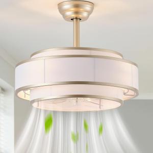 20" Caged Ceiling Fans with Lights and Remote, Fandelier Ceiling Fan with Light, Modern Bladeless Quiet Reversible Motor 6 Speeds for Bedroom, Nursery, Living Room, Gold