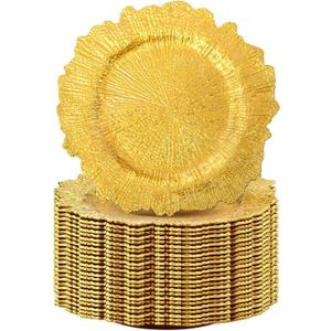 50 Pack Round Gold Charger Plates 12.6 Inch Plastic Gold Reef Charger Plates Decor Round Floral Charger Plates for Wedding Party Dinner Event Birthday and Holiday Decoration (Reef Gold)