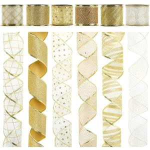 MEEDEE White and Gold Ribbon for Christmas Tree 2.5 Inch 6 Rolls 36 Yards Christmas Ribbons Gold Ribbons for Christmas Tree Decoration Garland Wire Mesh Ribbon for Wreaths