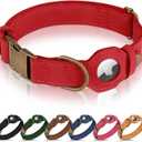AirTag Dog Collar - Genuine Leather Dog Collar with Apple AirTag Holder and Metal Buckle - Smart GPS Tracking Pet Collars (Red, L, 17"-21" Neck Fit)