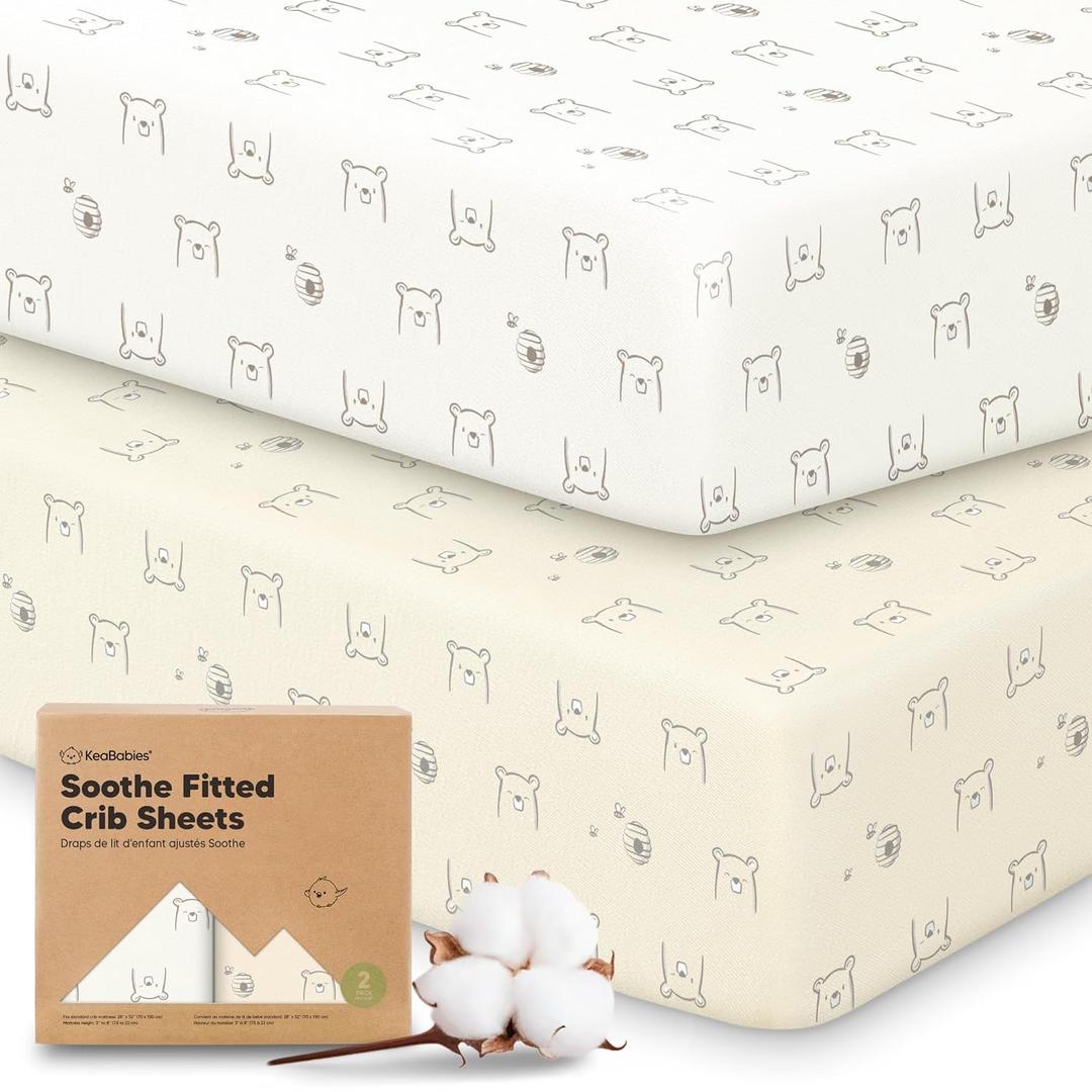 KeaBabies 2-Pack Organic Crib Sheets for Boys, Girls - 52x28 Fitted Crib Mattress Sheet Neutral, Breathable Jersey Cotton Cover for Baby Bed, Toddler Mattress, Soft & Cute Prints (Bumble Bear)