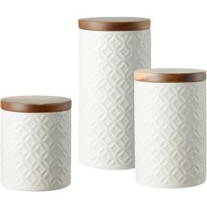 Embossed Ceramic Canister Set 3-piece Storage Jars Food Containers with Airtight Acacia Wood Lids for Kitchen Countertop or Home Deco