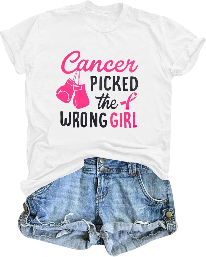 FAYALEQ Cancer Shirt Women Breast Cancer Shirts Pink Ribbon Breast Cancer Awareness T-Shirts Letter Print Inspirational Tees (White, XL)