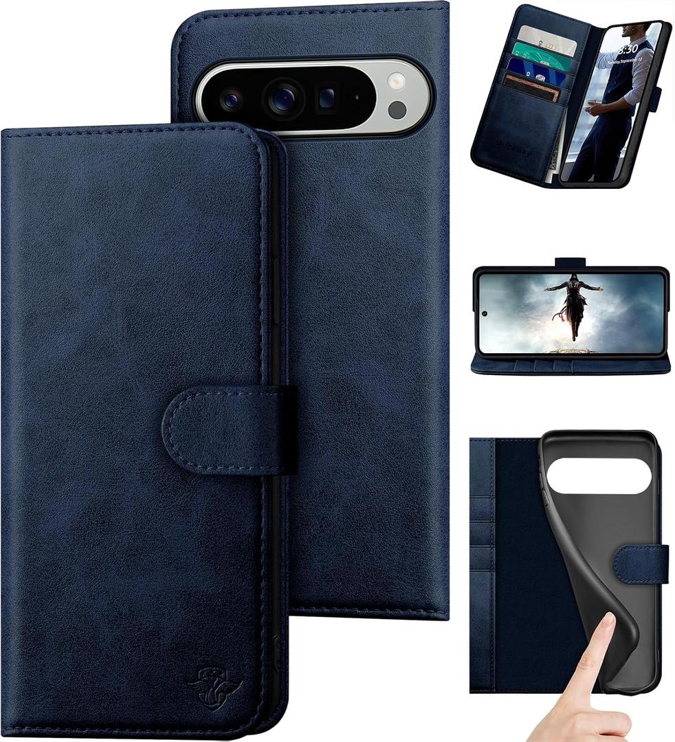 DuckSky compatible with Google Pixel 10 Pro XL 6.8" Genuine Leather Wallet caseRFID Blocking4 Credit Card HolderReal LeatherFlip Book Phone case Cover Women Men for Pixel 10 ProXL case Dark Blue