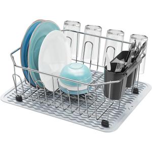GSlife Small in Sink Dish Drying Rack - Stainless Steel Compact Dish Drainer with Silicone Drying Mat for RV Kitchen Apartment Sink, Silver (Small - 13.4" x 11.6" x 5.3")