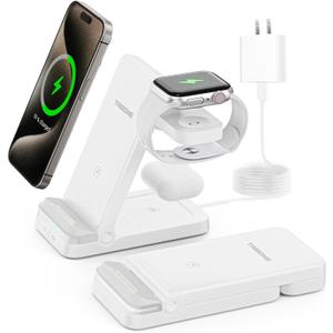Wireless Charger, Tribone 3 in 1 Foldable Fast Charger for iPhone 17 16 15 14 13 12 11 Pro Max XR XS 8 Plus, for Apple Watch 11 10 9 8 7 6 5 4 3 2 SE Ultra,for AirPods Pro 4 3 2 (White)