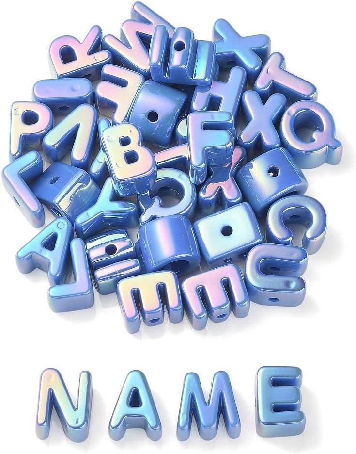 DanLingJewelry 90Pcs Random Large Blue Acrylic Alphabet Beads UV Plating Iridescent 26 A-Z Letter Beads for DIY Bracelets Necklaces Keychain