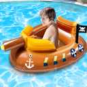 Inflatable Pirate Ship Pool Floats Kids 3-11 Years Toddler Pool Floaties with Water Cannon Swimming Pool Toys Boys Girls Party Float Ride-on Floaty Rafts with Safety Seat Summer Outdoor Water Game