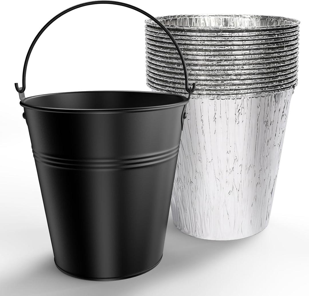 Drip Bucket and 15-Pack Disposable Foil Liners for Oklahoma Joe's, Traeger, Pit-Boss, Z Grill, Camp Chef, Grill Grease Liner Fits Most Offset Smoker, Rec Tec Pellet Grill Bucket, Black
