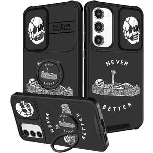 (2in1 for Samsung Galaxy S23 Plus Case for Women Cute Girls Cover Skull Skeleton Fun Funny Girly Kawaii Aesthetic Cool Black Design with Camera Cover and Ring Stand for Samsung S23 Plus Case