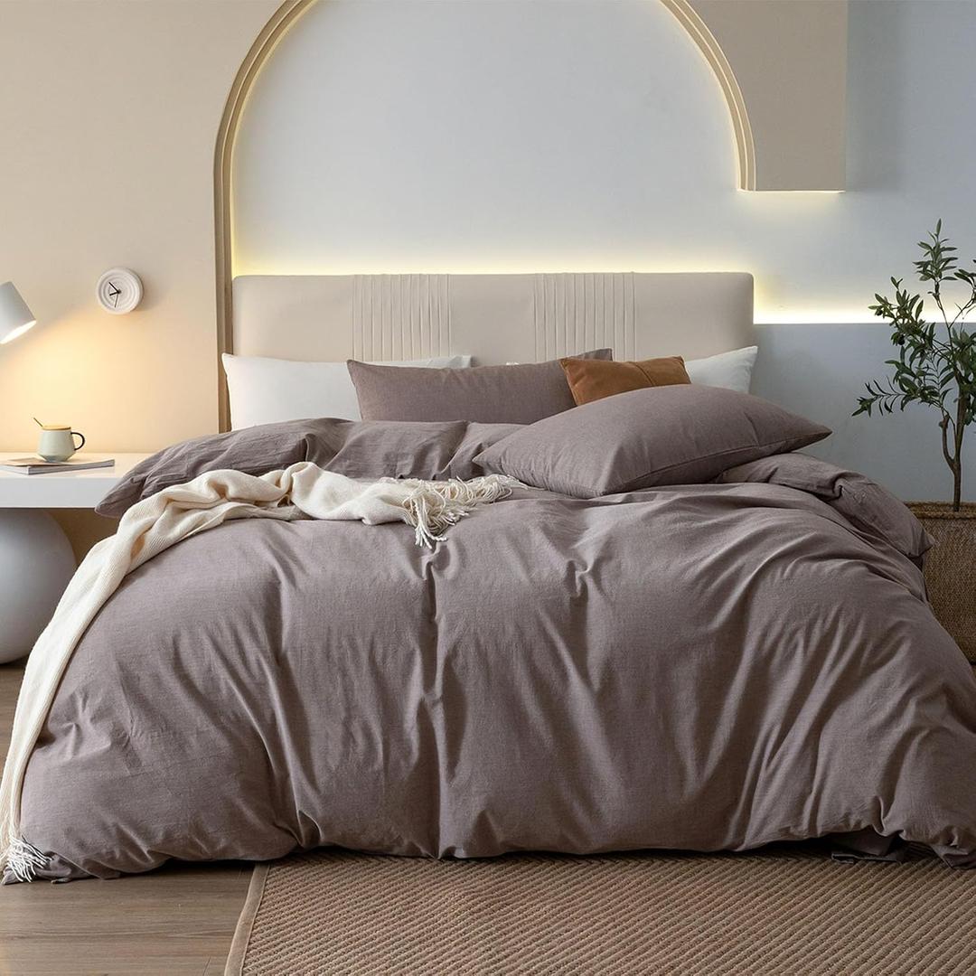 JIYUAN King Size Duvet Cover Set, 3-Piece - 100% Washed Cotton, Linen-Like Soft & Breathable with Zipper Closure, Includes 104x90 Inch Cover & 2 Pillowcases, Heathered Mauve Brown