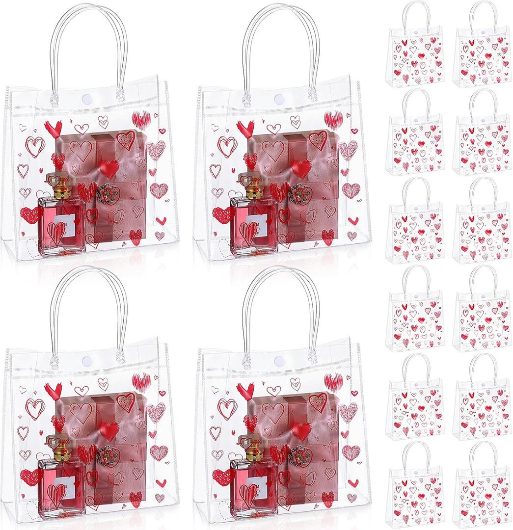Aliceset 24 Pcs Valentines Goodie Bags Plastic Gift Bags with Handles 7.87 x 7.87 x 3.15 in Galentines Reusable Clear PVC Heart Gift Bag for Valentines Wedding Bridal Party Favors