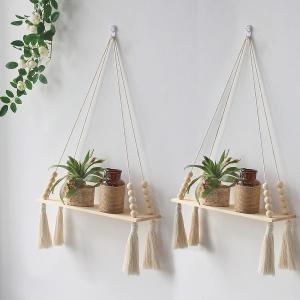 Artilady 2 Pack Wooden Wall Hanging Shelves - Macrame Hanging Plant Shelf with Tassel,Boho Storage Floating Shelves Handmade Rustic Hanger Planter Rack Pot Stand Holder,Beige Tassel