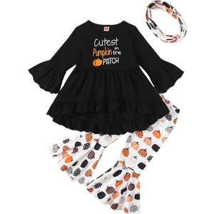 Noubeau Toddler Baby Girls Halloween Outfits Letter Print Flare Sleeve Dress Shirt Cute Pumpkin Bell-Bottoms Pants Scarf (12-18 Months, Black)
