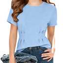 ZDC Girls Pleated Short Sleeve T Shirts Summer Crewneck Tops Casual Cute Basic Tees 5-14 Years Blue