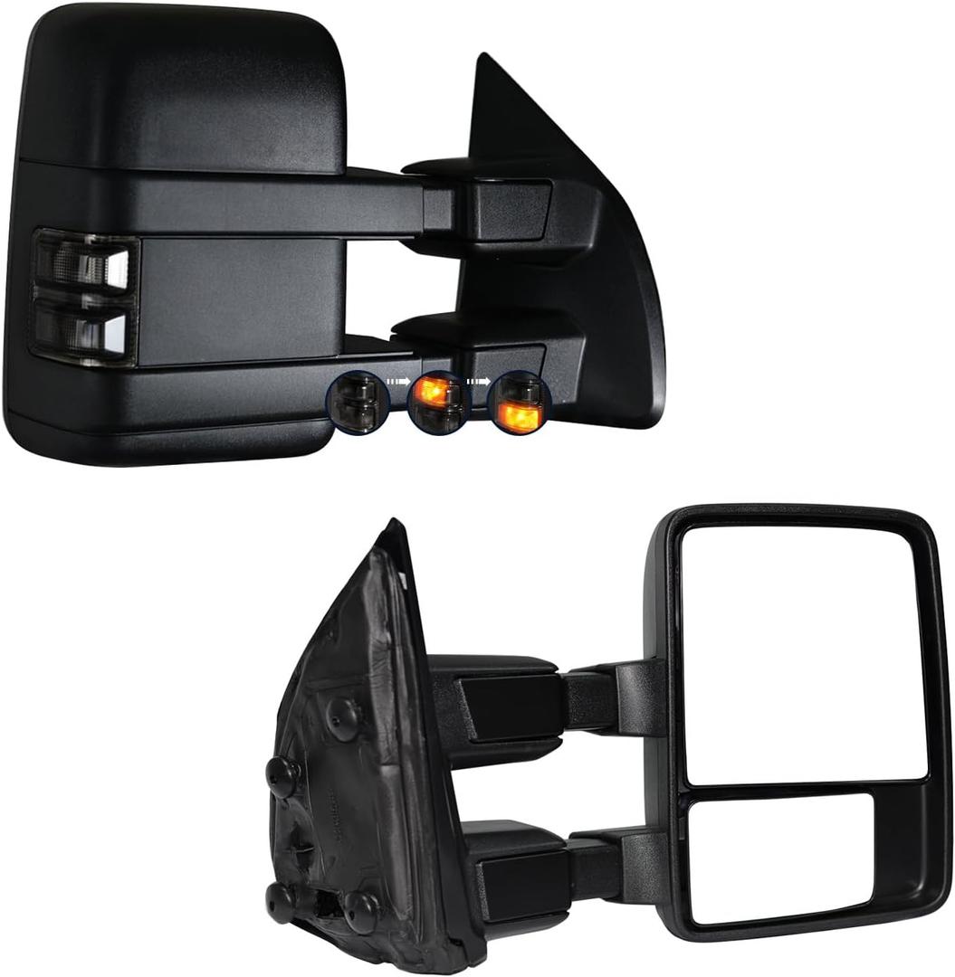 AERDM Towing Mirrors Fit for 1999-2016 Ford F250 F350 F450 F550 Super Duty Side Mirrors with Smoked Turn Signal Light Manual Adjustable glass Telescoping Folding view mirrors Pair Set Black