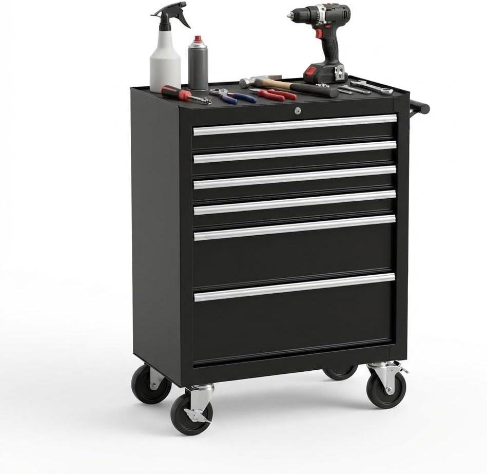 7-Drawer Tool Chest, Rolling Tool Cart with Wheels, Large Capacity Tool Storage Cabinet with Keyed Locking,Drawer Liners&Link Buckle, for Garage, Workshop, Warehouse,24.21"L * 13.78"W * 34.06"H Black