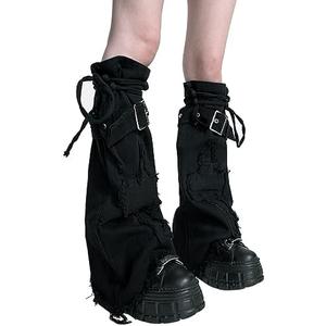 Micotaku Women's Gothic Punk Y2K Cross Style Knit Long Leg Warmers Loose High Socks with PU Leather Straps