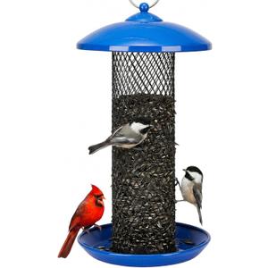 Kingsyard Mesh Tube Bird Feeders for Outdoors Hanging, All Metal, Wild Bird Feeder for Sunflower Seeds or Mealworm, Large Tray & Weatherproof Roof, 2.5 lbs Capacity (Blue)