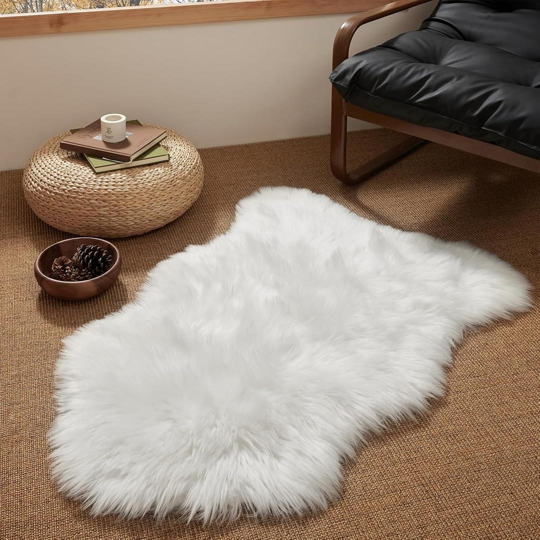 Ashler Faux Fur Rug, Fluffy White Small Sheepskin Rug, Ultra Soft 2x3 Ft Mat, Machine Washable Shag Mats, Nursery Throw for Bed, Living, Kids Room (2 x 3 ft, C-white)