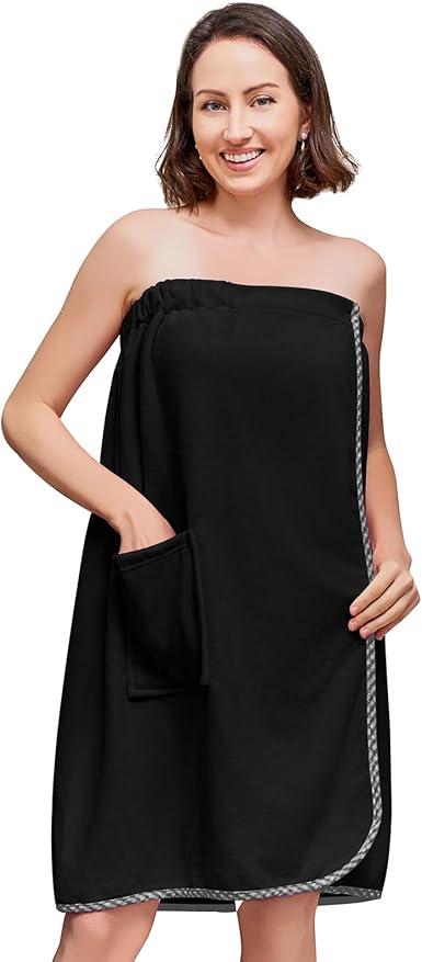 Women Bath Wrap Towel Robe after Shower Knee Length Spa Towels for Body Adjustable Snap Closure Black S-M Women Bath Wrap Towel Robe after Shower Knee Length Spa Towels for Body Adjustable Snap Closure Black S-M