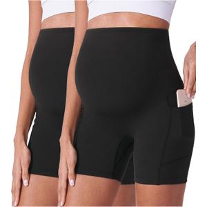 POSHDIVAH Maternity Shorts for Women Over Belly Biker Workout Yoga Active Summer Pregnancy Running Short Leggings 5" (Large, 2pcs Black 5")
