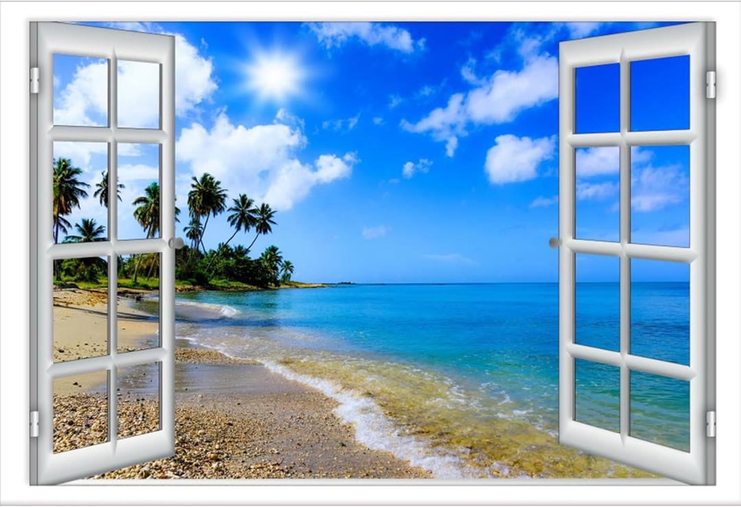 Baocicco 12x10ft Tropical Island Backdrop Window View Coconut Trees Sea Waves Beach Photography Background Wedding Pictures Shooting Prop Theme Birthday Party Girls Lover Portrait Studio Prop