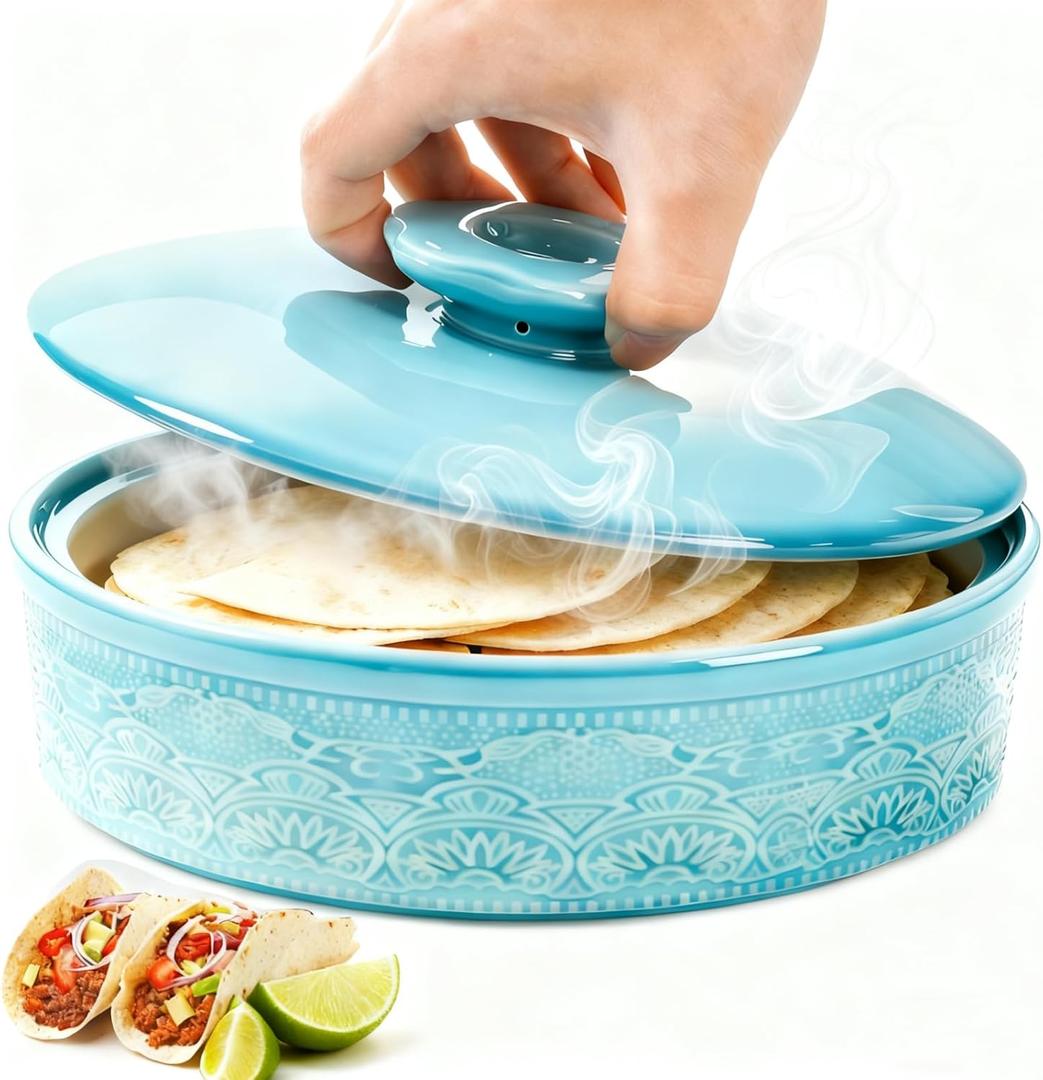 Ceramic Tortilla Warmer with Lid, 8.5 Inch Microwavable Pancake Holder, Aqua Taco Keeper Server Box, Food Storage Container for Mexican Party, Taco Tuesday Night, Dishwasher Oven Safe