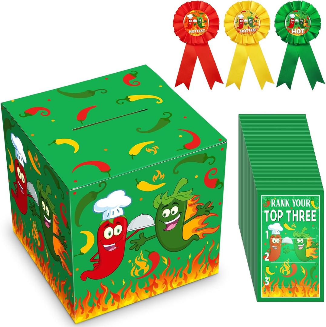 Tenceur Chili Cook off Contest Ballot Box with 50 Pcs Voting Cards and 3 Pcs Trophy Award Ribbons for Chili Cook off Game Award Prizes Party Supplies Decorations Cook Chef, Assembly Needed (Stylish)