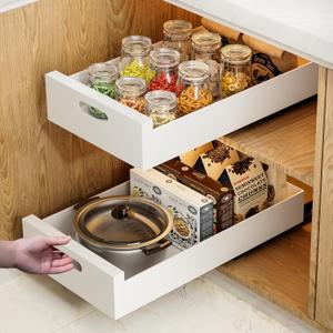 HBL' 2 Pack | 21" Deep Pull Out Cabinet Organizer Adhesive, 10-Inch Wide Sturdy Carbon Steel Roll-Out Drawers, Designed for Frameless Cabinets, Slide-Out Shelves for Pantry.