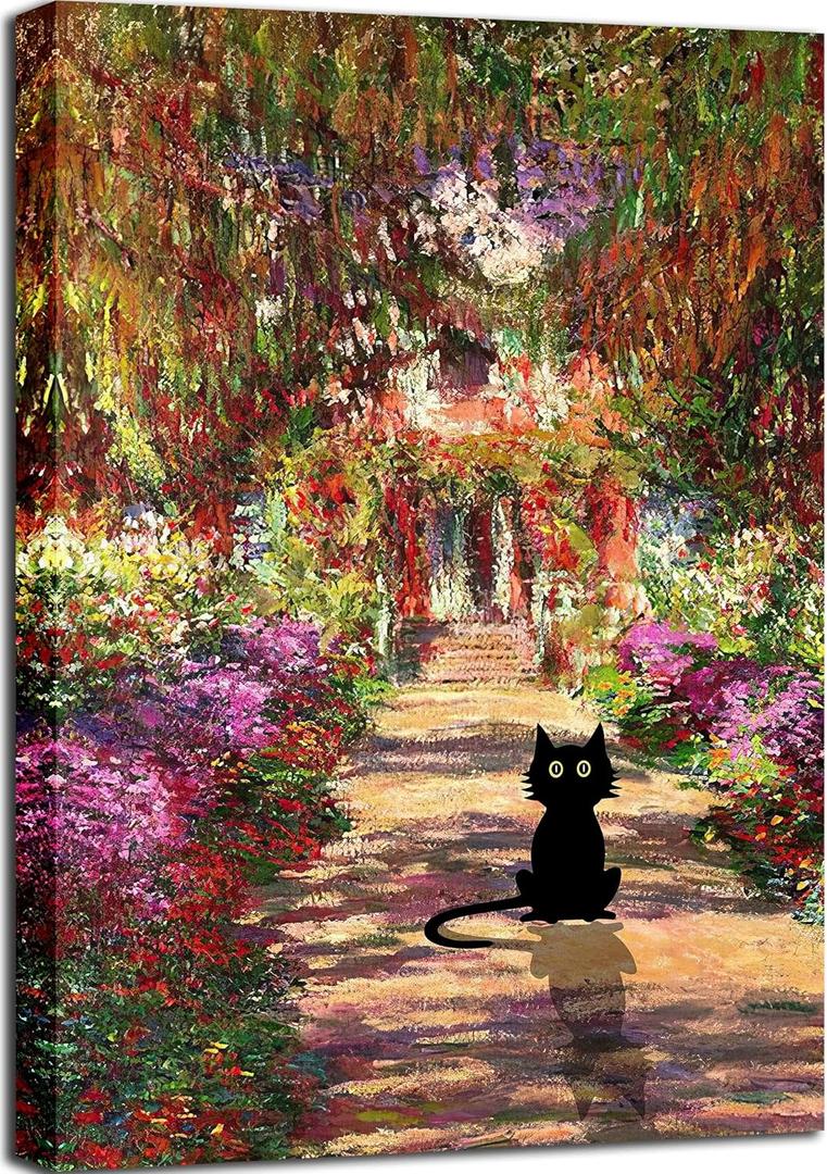 Lwwartxm Monet Garden Black Cat Poster Canvas Wall Art Vintage Famous Oil Paintings for Bathroom Home Office 12"x18" Framed