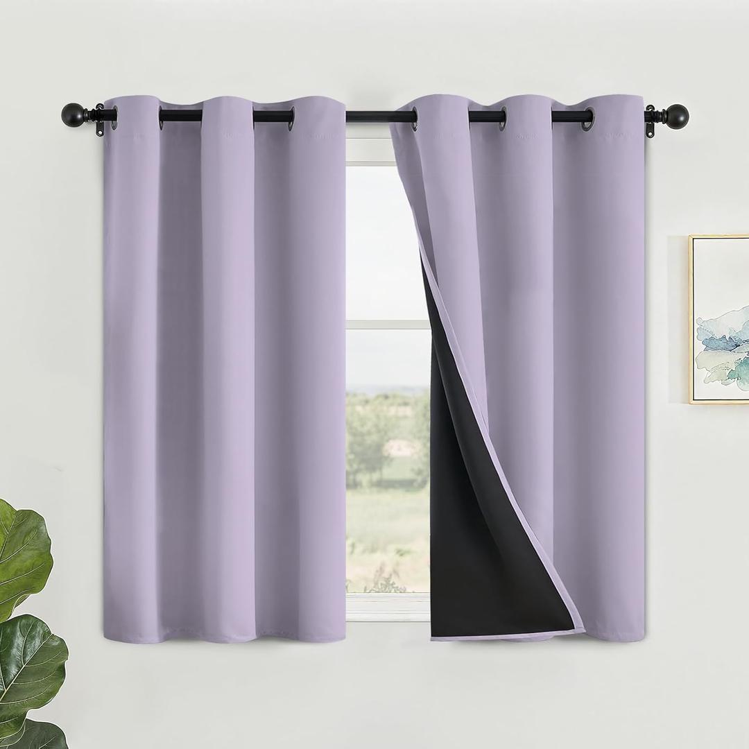 SimpleHome 100% Blackout Curtains for Bedroom,Thermal Insulated Lilac Grommet Window Drapes Room Darkening Curtains for Living Room with Black Back,42 x 45 Inch,2 Panels