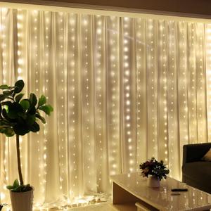 HXWEIYE 300LED Fairy Curtain Lights, 9.8x9.8Ft USB Plug-in 8 Modes Christmas String Hanging Lights with Remote for Bedroom Backdrop Wedding Indoor Wall Decor, Warm White, Tangle-Free – 1 Pack
(Regular)