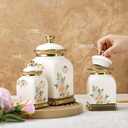 fanquare Floral Canisters with Gold Trim, Ceramic Decorative Countertop Jars, Farmhouse Porcelain Cookie Jar and Sugar Bowl Set with Airtight Lid