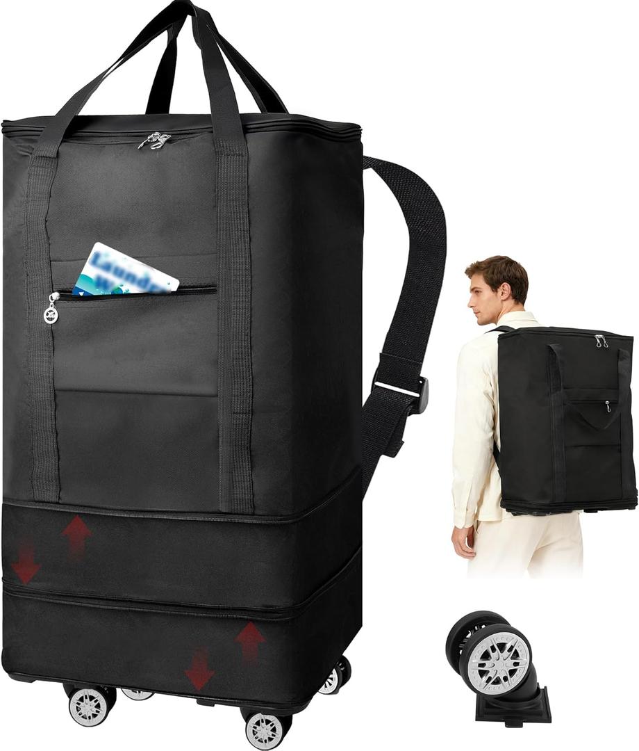 Coomee Laundry Bag Backpack with Wheels, 900D Oxford Fabric Foldable Rolling Travel Laundry Bags with Detachable Wheels & Straps, Waterproof for Laundromat, College Dorm, Apartment, Travel, Camping