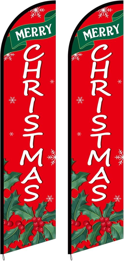 2 Pcs Merry Christmas Feather Flag 2.5 x 12 ft Christmas Feather Banner Weather-resistant Knitted Polyester Stand Signs for Businesses Advertising Xmas Outdoor Home Decor - Flag Only