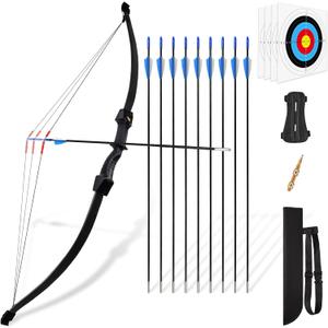 Bow and Arrow Set for Kids Youth Bow Set, 45" Archery Bow and Arrows for Teens Kids with 1 Bow 9 Arrows 4 Target Face 1 Arm Guard 1 Quiver 1 Sight Pin, Long Bow Archery Set - Gift for Beginner Archers (Black)