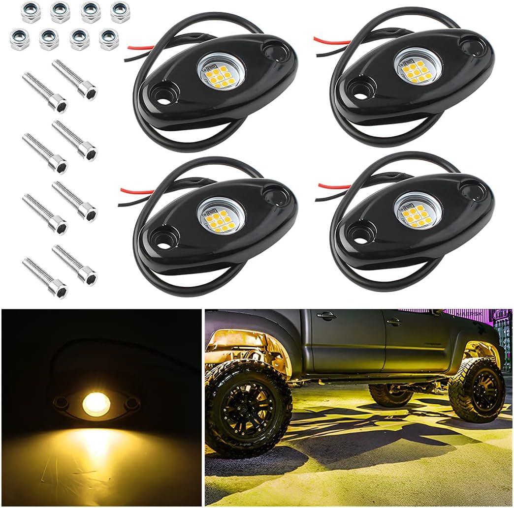 Rock Lights for Trucks, 4 Pods LED Rock Lights, IP67 Waterproof Neon Rock Lights Kits for Pickup ATV Off Road SUV, High Brightness Multifunction Underglow Lighting Glow Trail Rig Lamp (Yellow)