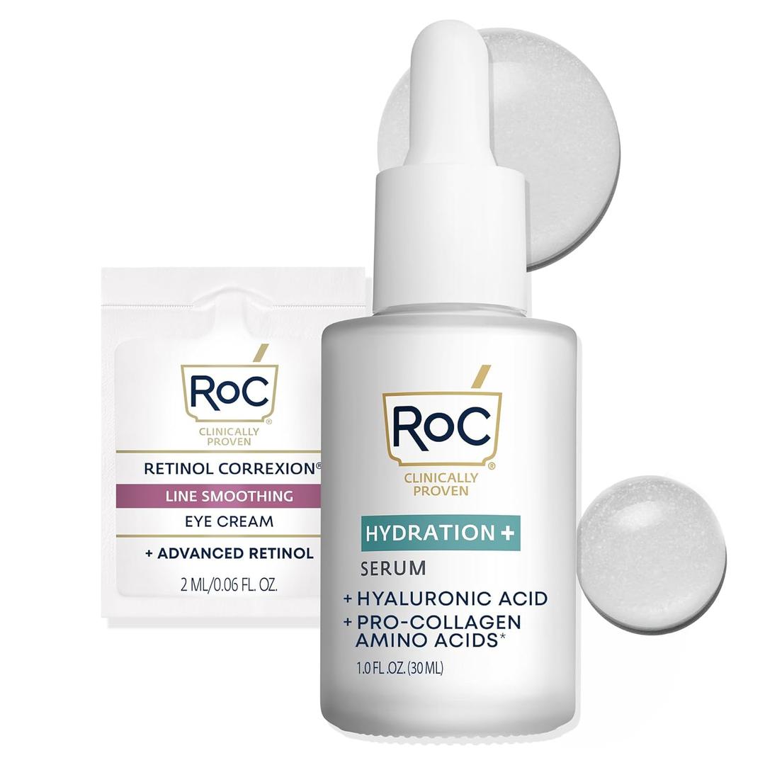 RoC Hydration+ Hyaluronic Acid Serum for Face, Hydrating, Plumping, Fragrance Free, Lightweight Formula with Collagen Proteins (1 Ounce) with Retinol Eye Cream Packette