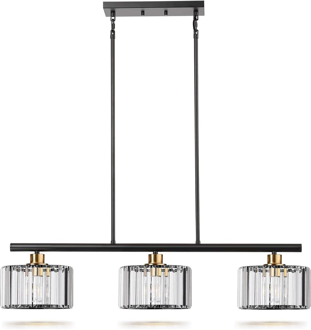 TALOYA Pendant Lights Kitchen Island Black and Gold, 3-Light Crystal Pendant Light Modern, Height Adjustable Chandelier Hanging Island Light Fixtures for Kitchen Dinning Room(Bulb Not Included)